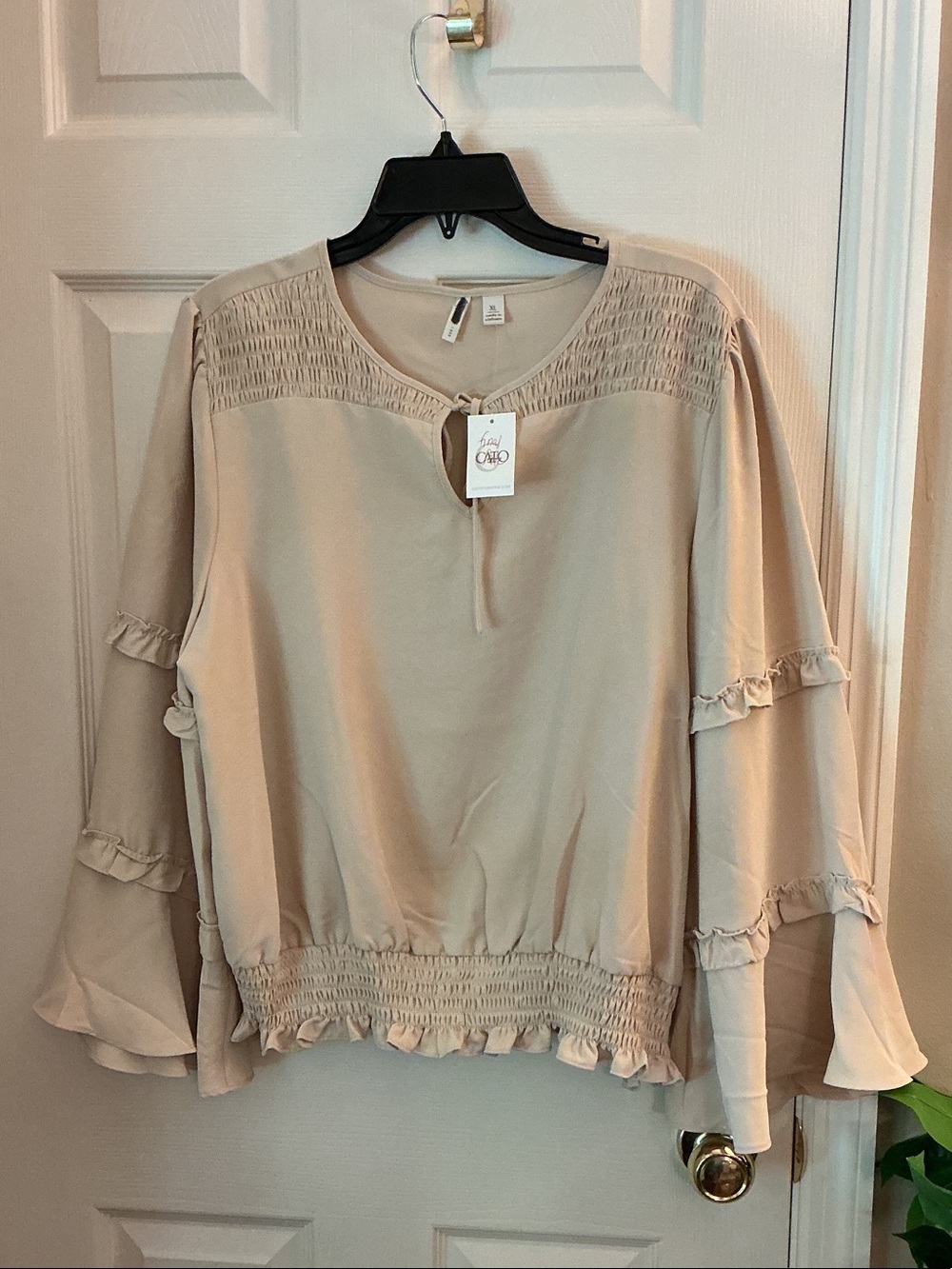 Cato Light Beige Ruffle-Smocked Long-Sleeve Blouse
